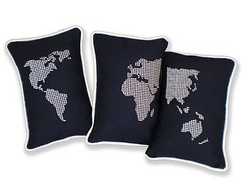 Set Of Three Embroidered World Map Cushions, 3 of 6
