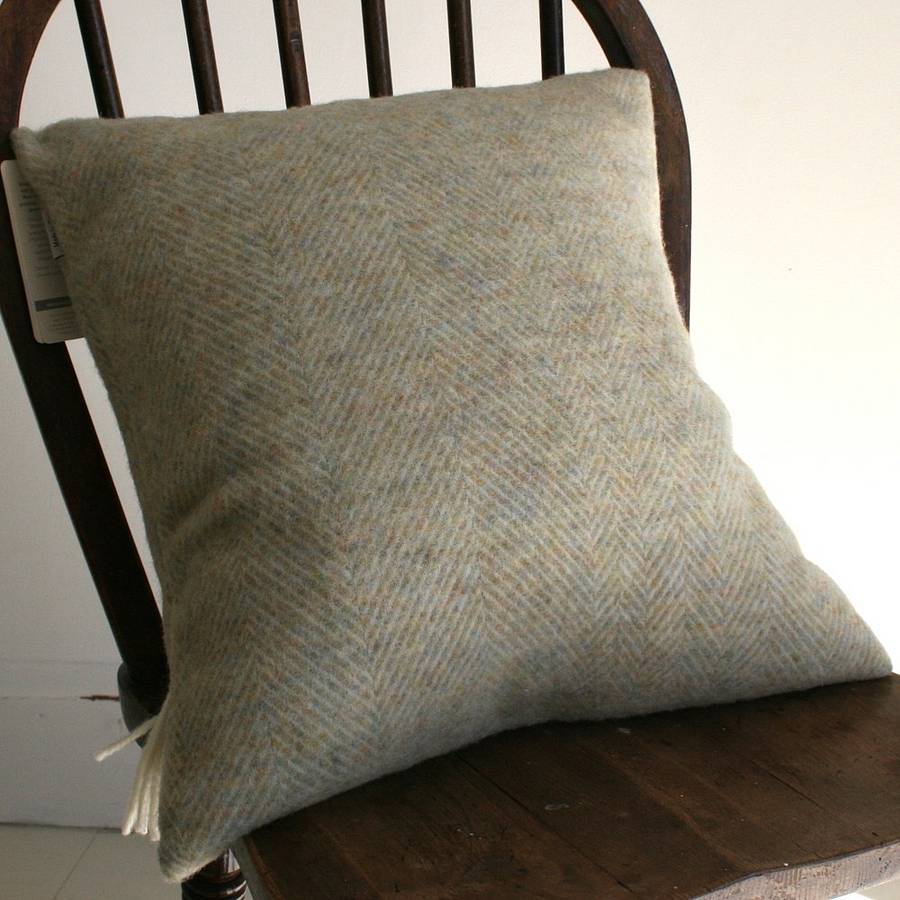 sage herringbone pure wool cushion by pebble & chalk