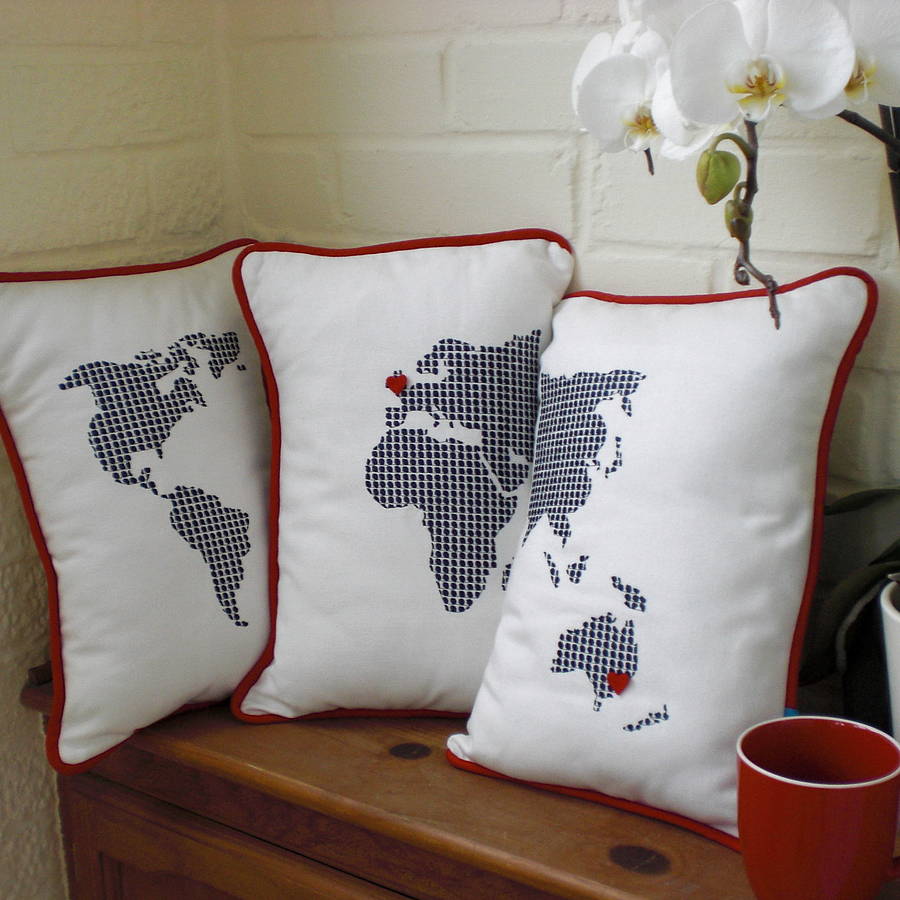 Set Of Three Embroidered World Map Cushions, 1 of 6
