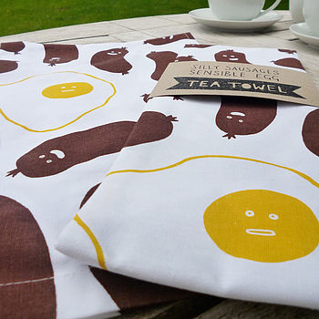 Silly Sausages Sensible Egg Tea Towel, 2 of 2