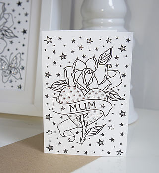 Mum Tattoo Print Card With Diamante, 3 of 5