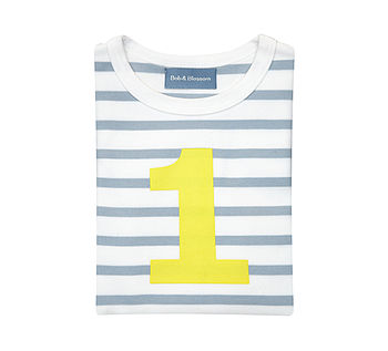Grey + White Breton Striped Number/Age T Shirt Yellow, 2 of 6