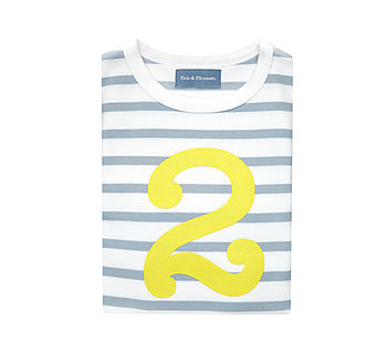 Grey + White Breton Striped Number/Age T Shirt Yellow, 3 of 6