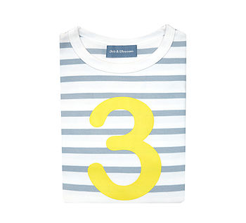 Grey + White Breton Striped Number/Age T Shirt Yellow, 4 of 6
