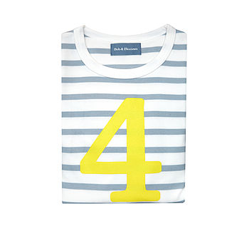 Grey + White Breton Striped Number/Age T Shirt Yellow, 5 of 6