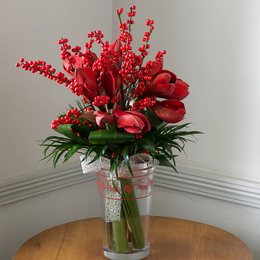 Red Amaryllis And Woodland Berry Bouquet By The Flower Studio