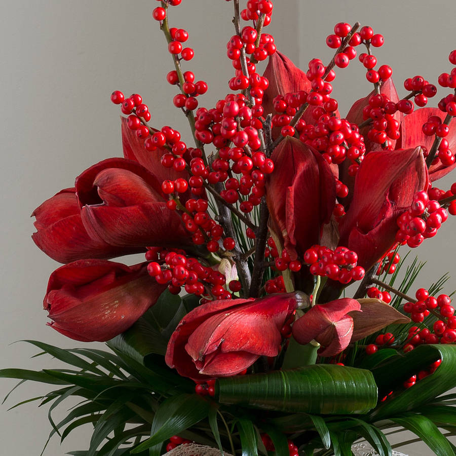 Red Amaryllis And Woodland Berry Bouquet By The Flower Studio