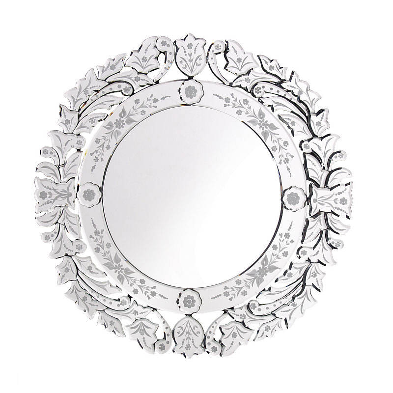 round etched mirror by the orchard