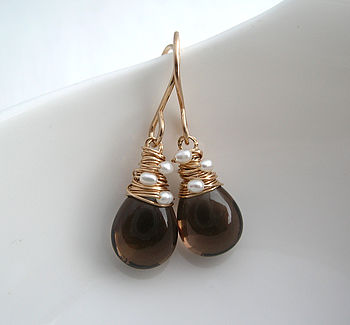 Smoky Quartz Pearl Woven Earrings By Sarah Hickey | Notonthehighstreet.com