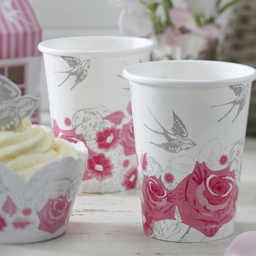 vintage style floral rose paper party cups by ginger ray