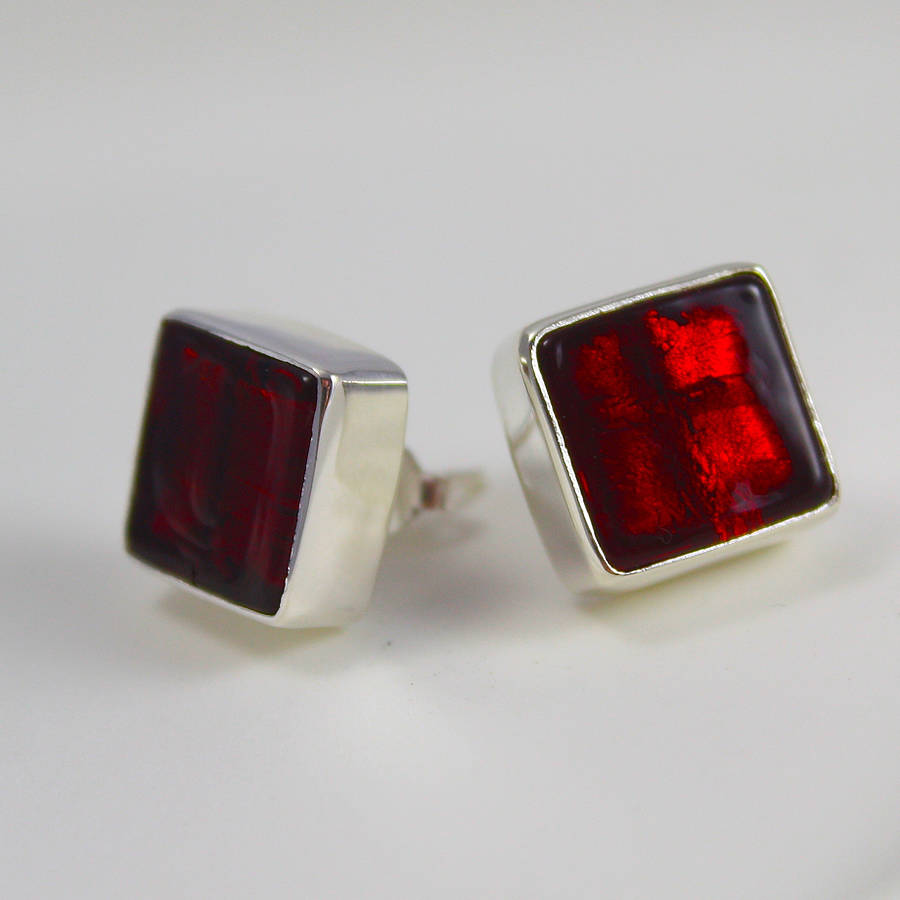 Murano Glass Square Silver Stud Earrings By Claudette Worters