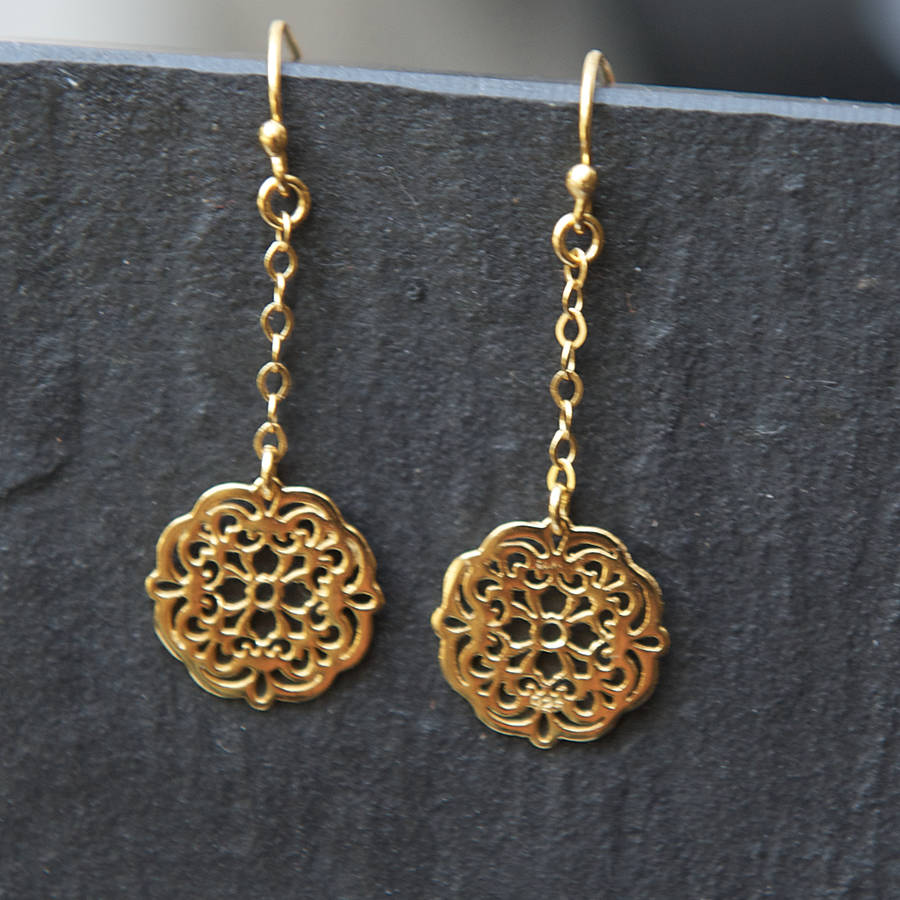 filigree gold flower chain earrings by rochelle shepherd jewels. gold