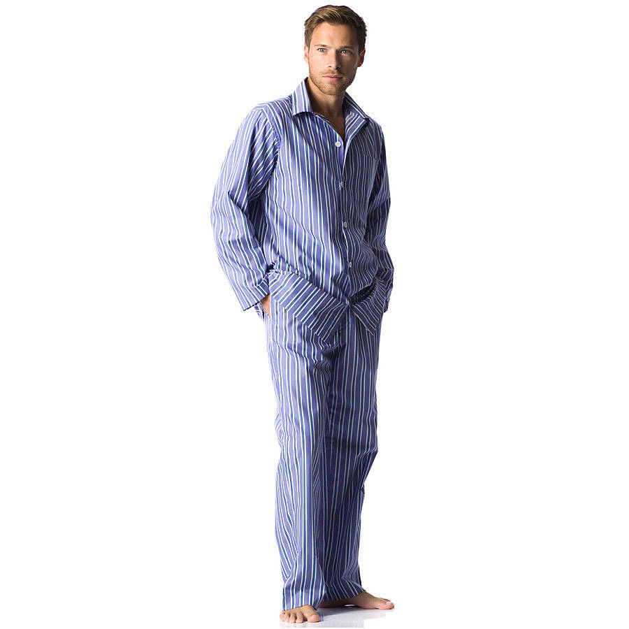 Men's Dark Blue And White Stripe Pyjamas By PJ Pan