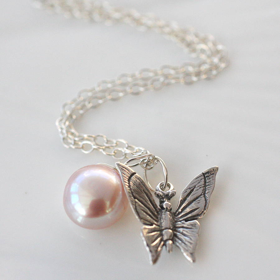 Sterling Silver Butterfly And Pearl Necklace By Magpie Living