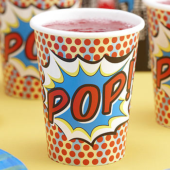 superhero pop art paper cups by ginger ray | notonthehighstreet.com