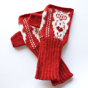 Valentine Owl Knitted Fingerless Gloves, 3 of 6