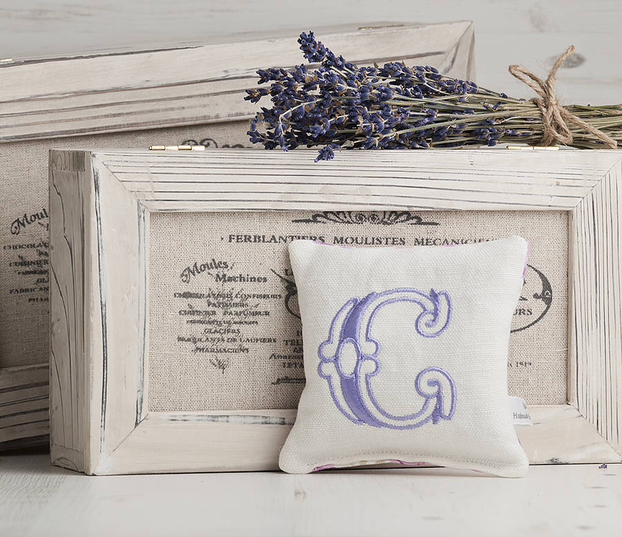 Monogrammed Embroidered Lavender Pillows By Elm Tree Studio
