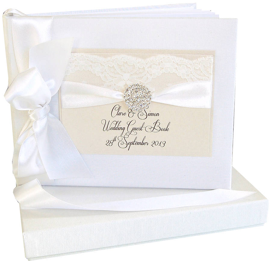 personalised lace and crystal wedding guest book by the luxe co