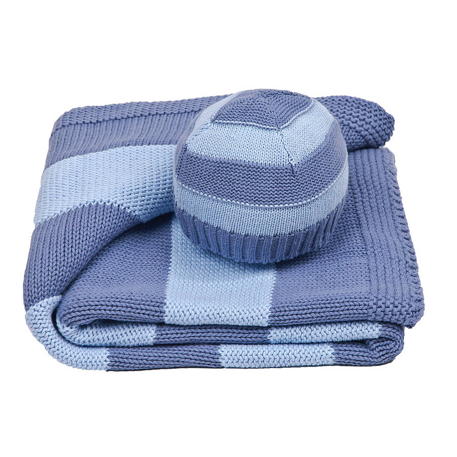 Baby Boy's Stripy Blanket And Hat Gift Set By Toffee Moon