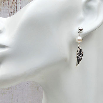 Silver Angel Wing And Pearl Earrings, 2 of 5