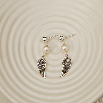 Silver Angel Wing And Pearl Earrings, 3 of 5