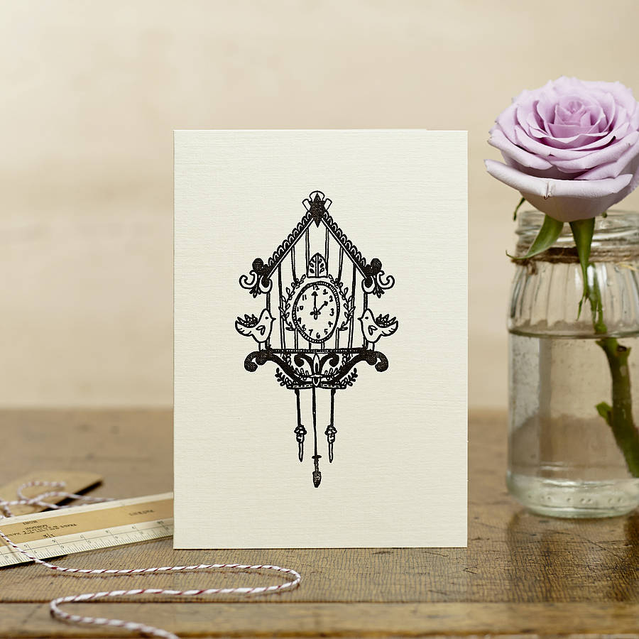 Hand Printed Cuckoo Clock Card By Katie Leamon