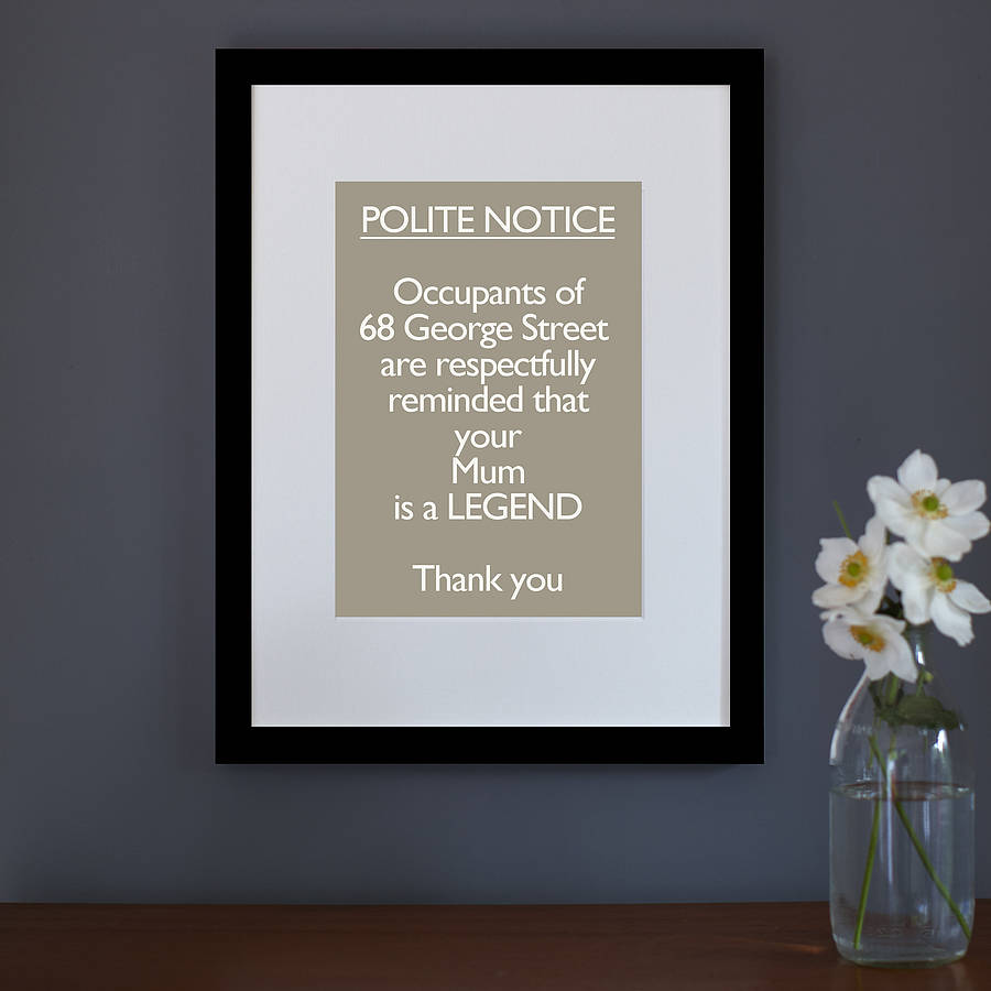 personalised framed 'polite notice…hotel' by catherine colebrook