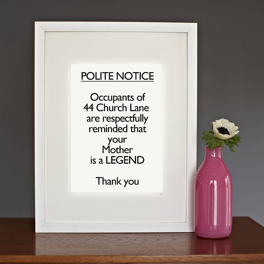 personalised framed 'polite notice…hotel' by catherine colebrook