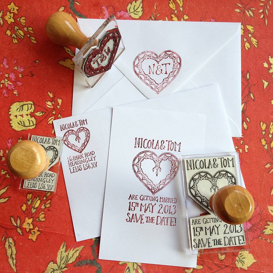 Original Personalised Deco Heart Wedding Stamp 