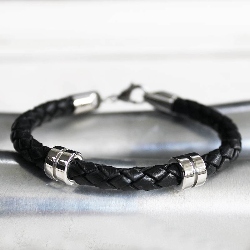 Men's Steel Banded Leather Bracelet, 1 of 8