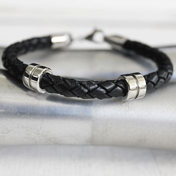 Men's Steel Banded Leather Bracelet, 2 of 8