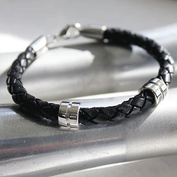 Men's Steel Banded Leather Bracelet, 3 of 8