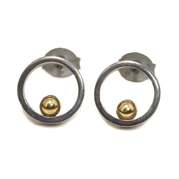 Open Circle Oxidised Silver With Gold Ball Earrings, 3 of 6