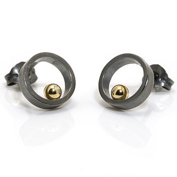 Open Circle Oxidised Silver With Gold Ball Earrings, 4 of 6