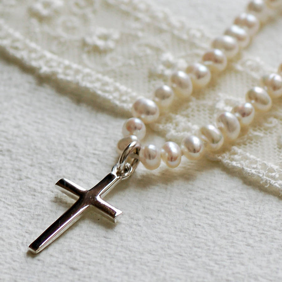 Pearl Necklace With Silver Cross By 