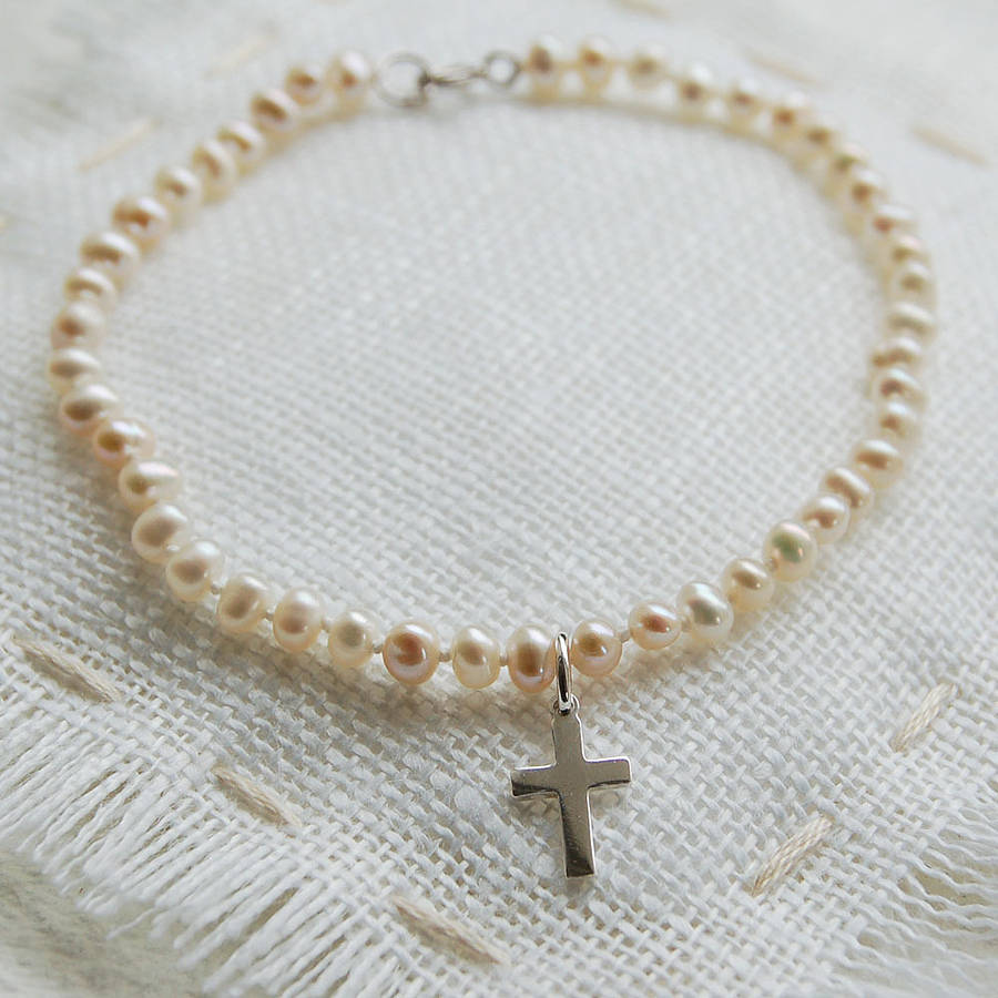 Pearl Bracelet With Sterling Silver Cross By Highland Angel 3653