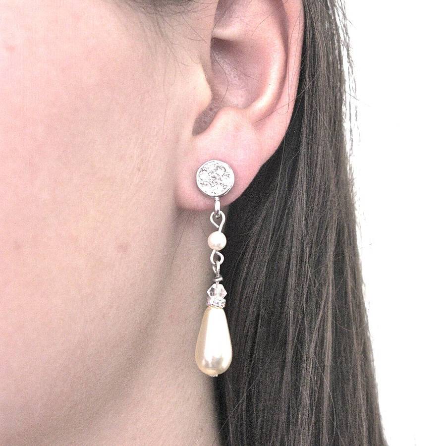 Rhinestone And Pearl Drop Stud Earrings By Vintage Lane
