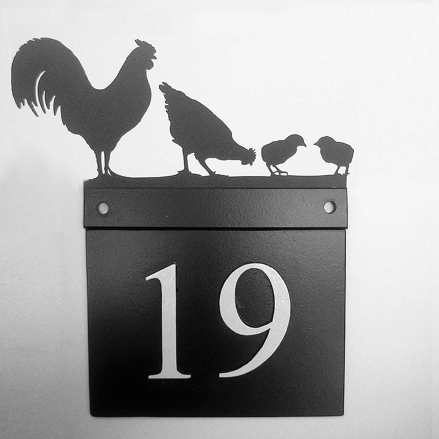 cockerel-hen-and-chicks-house-number-plate-by-black-fox-metalcraft