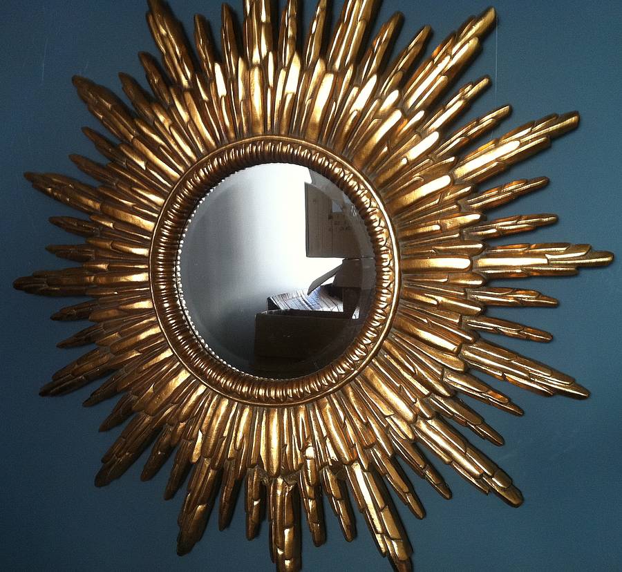 Antique Gold Sunburst Mirror By The, Antique Brass Metal Framed Round Sunburst Mirror