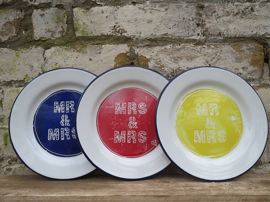 personalised enamel wedding plate by enamel factory kate samuels
