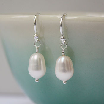 White Pearl Drop Earrings On Sterling Silver Hooks, 2 of 6