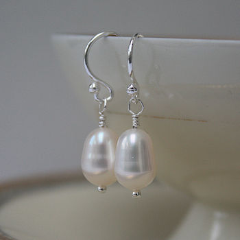 White Pearl Drop Earrings On Sterling Silver Hooks, 5 of 6