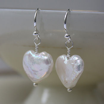 Freshwater Pearl Heart Earrings On Silver Hooks, 5 of 7