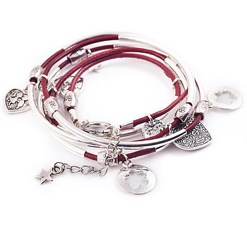Silver Noodle Wrap Leather Charm Bracelet By Francesca Rossi Designs Silver Noodle Wrap Leather Charm Bracelet Rich Red