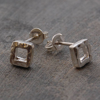 Battered Square Silver Stud Earrings, 4 of 5