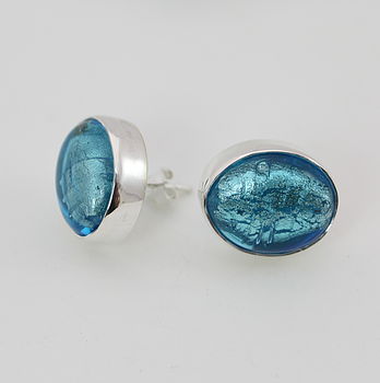 Silver Stud Earrings With Oval Murano Glass, 10 of 11
