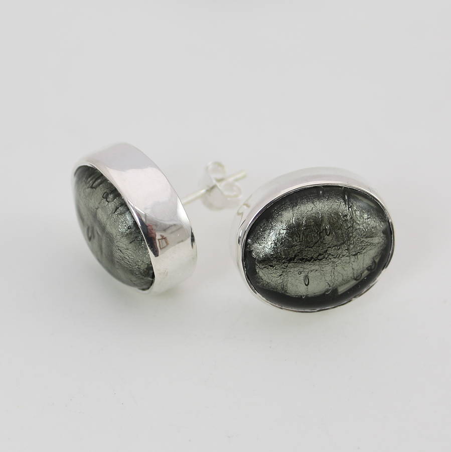 Oval Black Glass Sterling Silver Earrings
