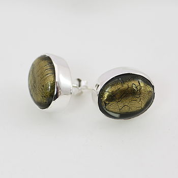 Silver Stud Earrings With Oval Murano Glass, 9 of 11