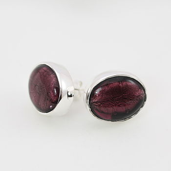 Silver Stud Earrings With Oval Murano Glass, 4 of 11