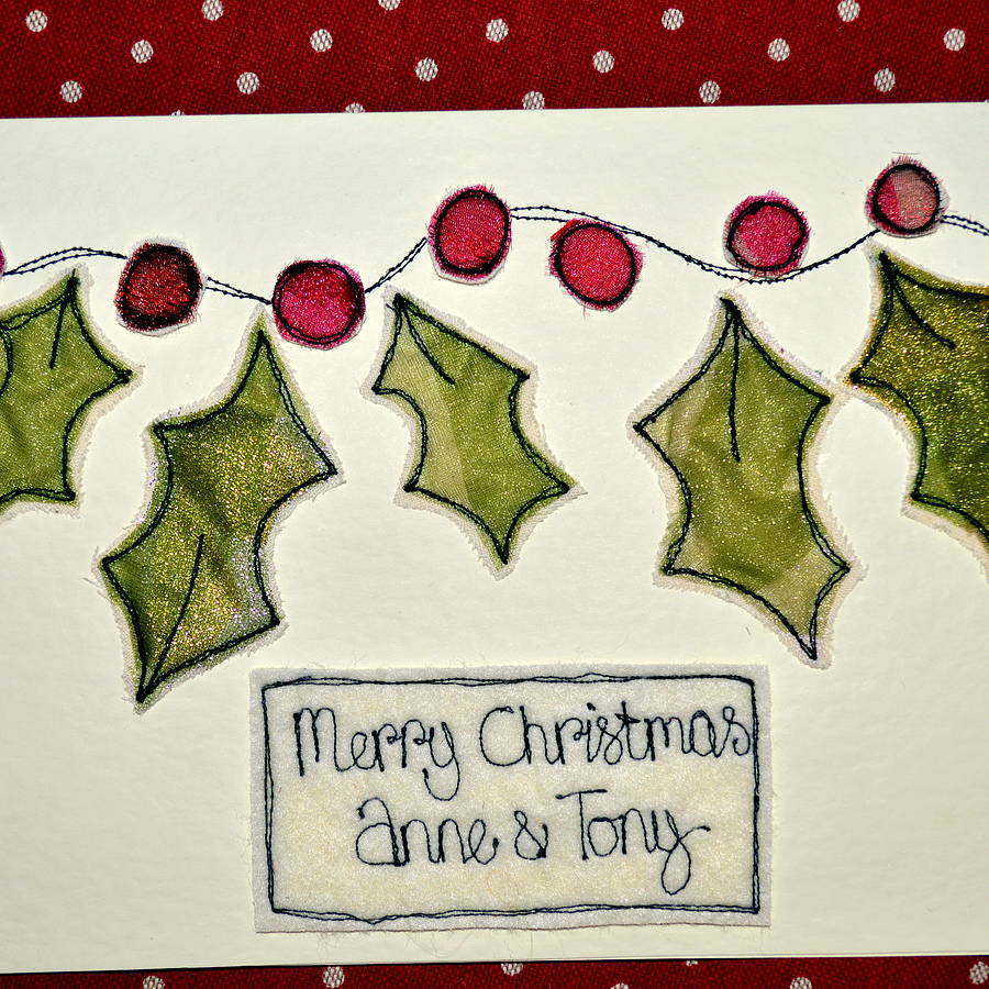Personalised embroidered holly christmas card by sew very english